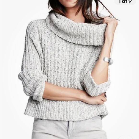 Free People Marled Ivory Twisted Cable Cropped Turtleneck Sweater women's L - Picture 1 of 12